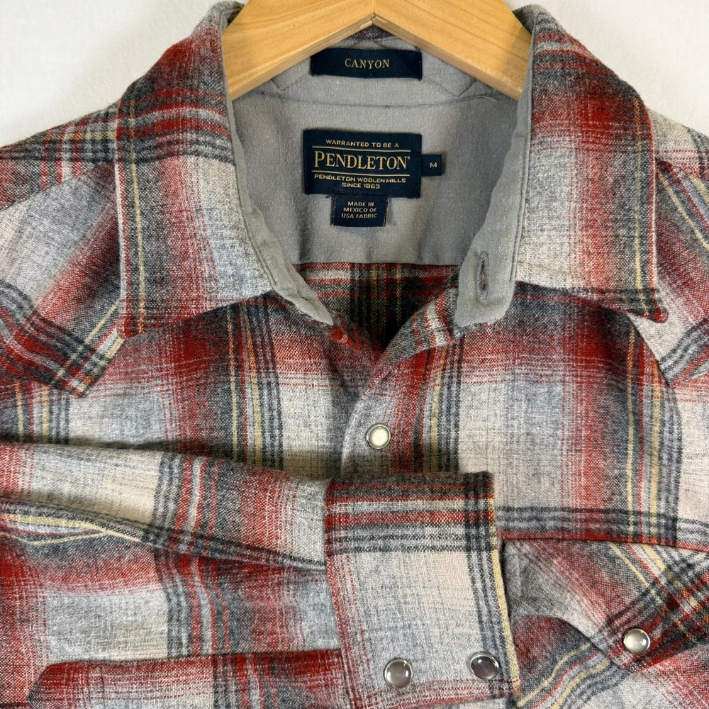 Pendleton Canyon Western Virgin Wool Pearl Snap Plaid Shirt Red Grey Mens Medium